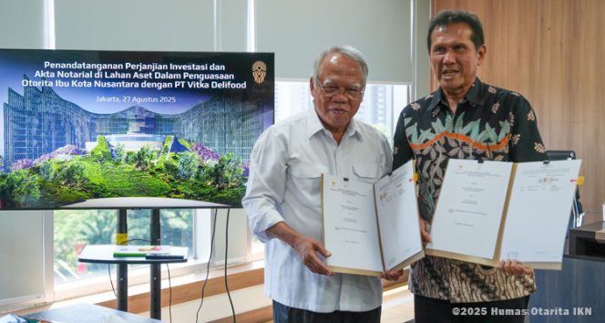 
 Kepala Otorita IKN, Dr. (H.C.) Ir. H. M. Basuki Hadimuljono, M.Sc., Ph.D., bersama Komisaris Utama PT. Vitka Delifood, Dr H. Asman Abnur, M.Si, menandatangani PKS bersama PT. Vitka Delifood terkait pengembangan lahan di Kawasan Inti Pusat Pemerintahan (KIPP) Ibu Kota Nusantara. (Foto. Dok: Humas Otorita IKN)