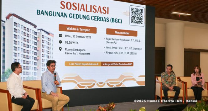 
 Dihadiri oleh puluhan peserta, baik dari pegawai Otorita IKN maupun konsultan dan jasa penyedia konstruksi, sosialisasi Bangunan Gedung Cerdas (BGC) dilaksanakan di Ruang Serbaguna Kemenko 1, KIPP Nusantara, Rabu (22/10/2025).