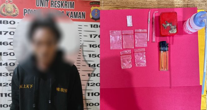 Pelaku bersama barang bukti yang berhasil diamankan oleh jajaran Polsek Muara Kaman usai pengungkapan kasus tindak pidana penyalahgunaan narkotika.