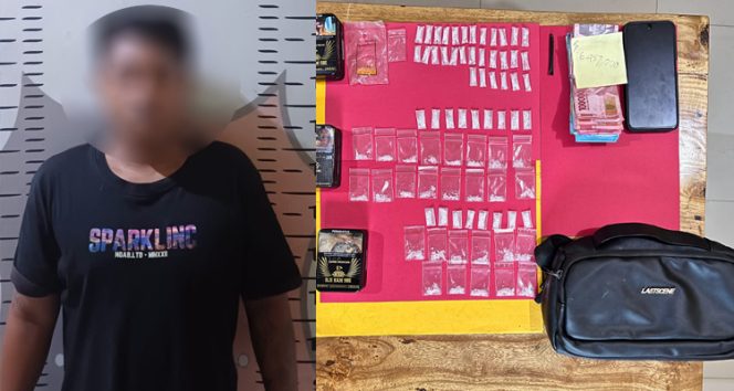 Pelaku bersama barang bukti yang berhasil diamankan oleh jajaran Polsek Muara Kaman usai pengungkapan kasus tindak pidana penyalahgunaan narkotika.