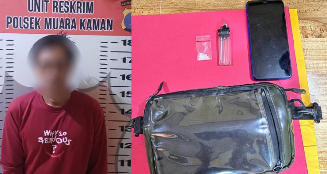 Pelaku bersama barang bukti yang berhasil diamankan oleh jajaran Polsek Muara Kaman usai pengungkapan kasus tindak pidana penyalahgunaan narkotika.