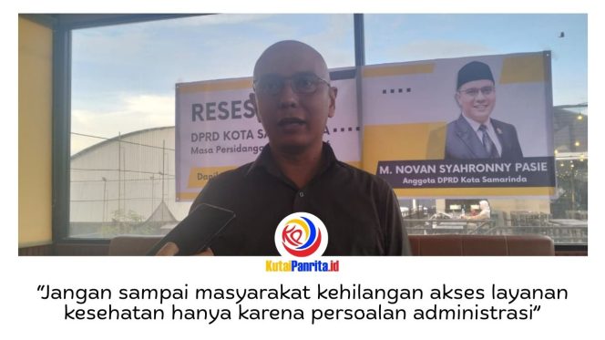 
 Ketua Komisi IV DPRD Kota Samarinda, Mohammad Novan Syahronny Pasie, memberikan keterangan pers terkait penonaktifan ribuan peserta BPJS Kesehatan Penerima Bantuan Iuran (PBI) di Samarinda sejak 1 Februari 2026. Foto: Yana Ashari.