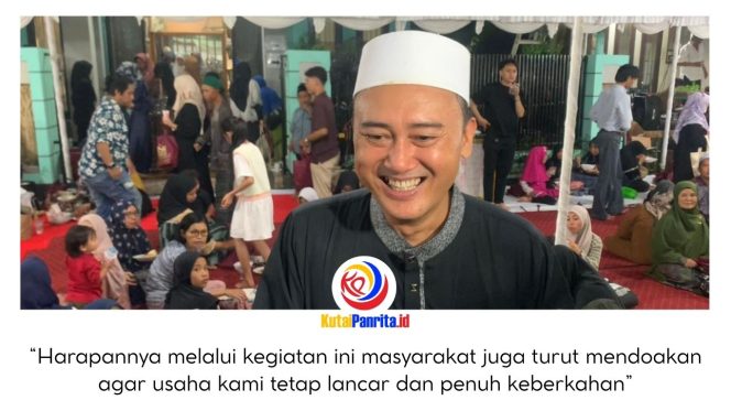 
 Anggota Komisi II DPRD Kota Samarinda, Rusdi Doviyanto, yang juga pemilik Banjar Sari Catering, memberikan keterangan terkait kegiatan buka puasa bersama dan haul jamak yang digelar Banjar Sari Catering (BSC) di Jalan Rotan Pulut Nomor 12, Kelurahan Air Hitam, Kecamatan Samarinda Ulu, Senin (9/3/2026). Kegiatan tersebut dihadiri ratusan warga dari kawasan Perumnas Juanda dan berlangsung khidmat. Foto: Yana Ashari.