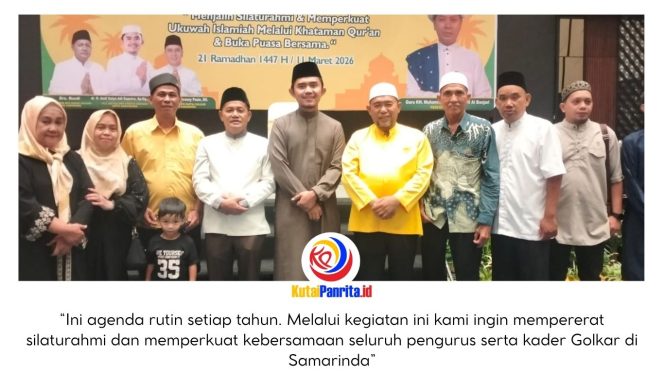 
 Foto bersama Plt. Ketua DPD Partai Golkar Kota Samarinda, Andi Satya Adi Saputra, dan Sekretaris DPD Partai Golkar Kota Samarinda, Rusdi, bersama para tamu undangan usai kegiatan Khataman Al-Qur’an dan Buka Puasa Bersama yang digelar untuk mempererat silaturahmi antar pengurus dan kader partai selama bulan suci Ramadan. Foto: Yana Ashari.