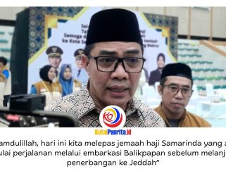 Wali Kota Samarinda, Andi Harun, memberikan keterangan pers kepada awak media usai secara resmi melepas 1.024 jemaah calon haji asal Kota Samarinda di GOR Segiri, Sabtu (25/4/2026). Pelepasan tersebut menandai dimulainya rangkaian pemberangkatan jemaah haji musim 1447 Hijriah/2026 Masehi dari Kota Tepian. Foto: Fathur Rabbany