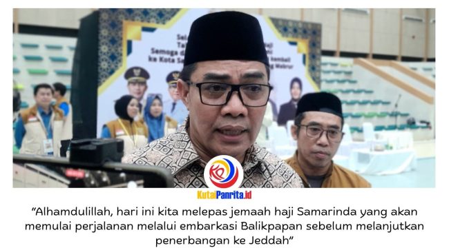 Wali Kota Samarinda, Andi Harun, memberikan keterangan pers kepada awak media usai secara resmi melepas 1.024 jemaah calon haji asal Kota Samarinda di GOR Segiri, Sabtu (25/4/2026). Pelepasan tersebut menandai dimulainya rangkaian pemberangkatan jemaah haji musim 1447 Hijriah/2026 Masehi dari Kota Tepian. Foto: Fathur Rabbany