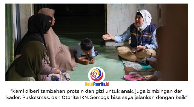 Kegiatan penyuluhan kesehatan dan pemberian makanan tinggi protein, mulai dari telur hingga susu, dilaksanakan secara door to door oleh Otorita IKN bersama Puskesmas Sepaku 1 pada Senin (13/04/2026). Dok: Humas Otorita Ibu Kota Nusantara.