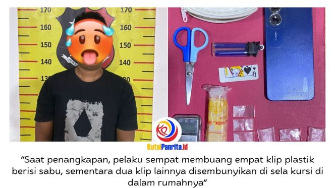 
 Pelaku S alias O bersama barang bukti sabu seberat 1,29 gram dan sejumlah barang bukti lainnya diamankan jajaran Polsek Samboja Barat. Dok: Polsek Samboja Barat.