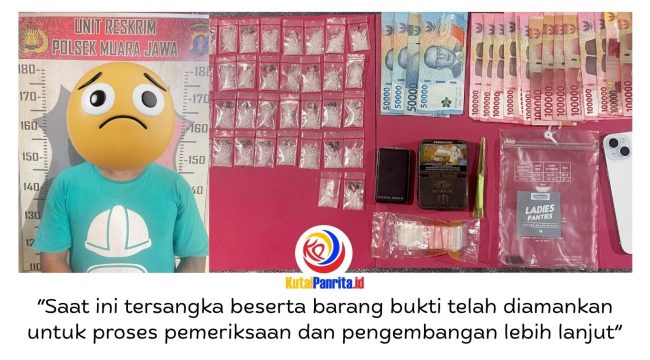 Seorang tersangka kasus penyalahgunaan narkotika jenis sabu berhasil diamankan oleh Kepolisian Sektor (Polsek) Muara Jawa di Kelurahan Muara Jawa Ulu, Kecamatan Muara Jawa, Kabupaten Kutai Kartanegara. Dalam pengungkapan tersebut, polisi turut menyita puluhan paket sabu beserta sejumlah barang bukti lainnya. Foto: Dok. Polsek Muara Jawa.