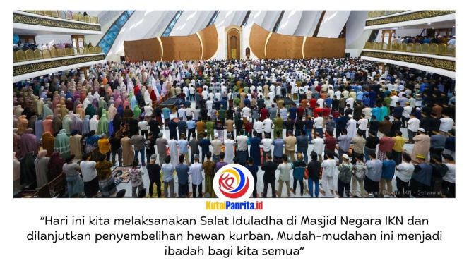 
 Suasana pelaksanaan Salat Iduladha 1447 Hijriah/2026 Masehi perdana di Masjid Negara IKN, Nusantara, Rabu (27/5/2026), yang diselenggarakan oleh Otorita Ibu Kota Nusantara (IKN). Kegiatan tersebut dilanjutkan dengan penyerahan dan penyembelihan hewan kurban sebagai bentuk kepedulian sosial kepada masyarakat sekitar kawasan IKN dan para pekerja pembangunan ibu kota baru. Foto: Humas Otorita IKN. Foto: Dok. Humas Otorita Ibu Kota Nusantara.