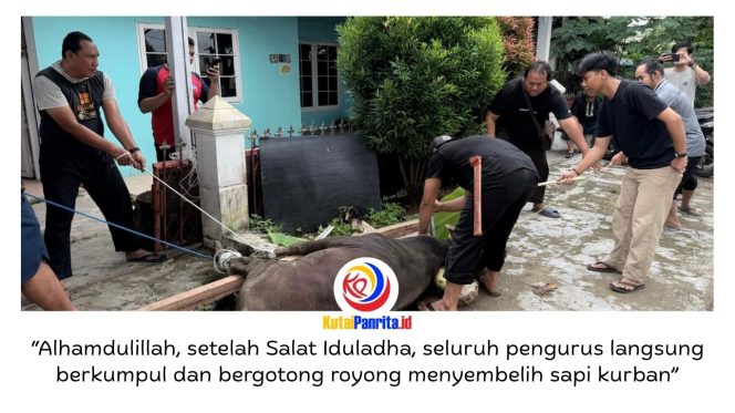 
 Suasana kebersamaan mewarnai pelaksanaan penyembelihan hewan kurban di Sekretariat PWI Kutai Kartanegara, Jalan Lais, Kelurahan Timbau, Kecamatan Tenggarong, Rabu (27/5/2026). Foto: Dok. PWI Kutai Kartanegara.