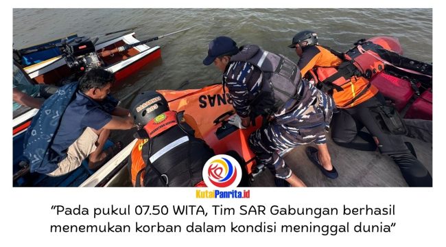 Tim SAR Gabungan berhasil menemukan dan mengevakuasi seorang nelayan, Muhammad Rizal (33), dalam kondisi meninggal dunia setelah sebelumnya dilaporkan terseret arus saat menjaring udang di perairan Muara Badak Ulu, Kabupaten Kutai Kartanegara, Kalimantan Timur. Dok: Basarnas Kaltim.
