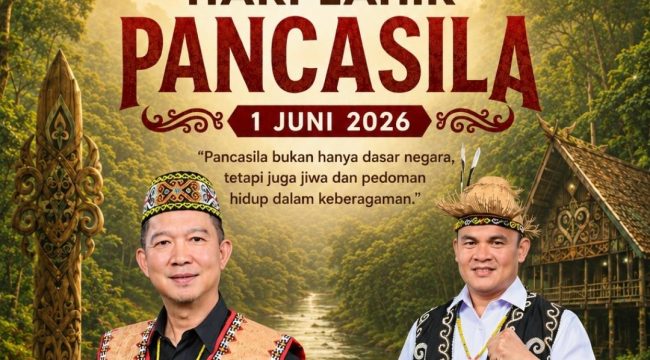 Flyer ucapan Selamat Hari Lahir Pancasila 1 Juni 2026 yang disampaikan Ketua Umum Dewan Adat Dayak (DAD) Kalimantan Timur, Viktor Yuan, bersama Sekretaris Umum DAD Kalimantan Timur, Hendrik Tandoh. Dalam momentum tersebut, DAD Kaltim mengajak masyarakat untuk merawat kebhinekaan, memperkuat persatuan, dan meneguhkan nilai-nilai Pancasila dalam kehidupan berbangsa dan bernegara. Foto: Dok. DAD Kaltim.