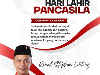Flyer ucapan Hari Lahir Pancasila 1 Juni 2026 dari Anggota DPRD Kota Samarinda, Ronal Stephen Lonteng. Dalam momentum tersebut, ia mengajak masyarakat untuk terus memperkuat persatuan, menjunjung tinggi toleransi, serta mengamalkan nilai-nilai Pancasila dalam kehidupan bermasyarakat, berbangsa, dan bernegara. Grafis: KutaiPanrita.id.
