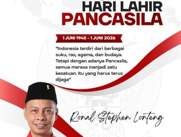Flyer ucapan Hari Lahir Pancasila 1 Juni 2026 dari Anggota DPRD Kota Samarinda, Ronal Stephen Lonteng. Dalam momentum tersebut, ia mengajak masyarakat untuk terus memperkuat persatuan, menjunjung tinggi toleransi, serta mengamalkan nilai-nilai Pancasila dalam kehidupan bermasyarakat, berbangsa, dan bernegara. Grafis: KutaiPanrita.id.