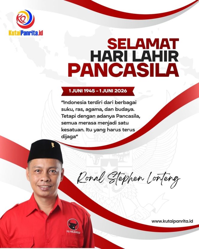 
 Flyer ucapan Hari Lahir Pancasila 1 Juni 2026 dari Anggota DPRD Kota Samarinda, Ronal Stephen Lonteng. Dalam momentum tersebut, ia mengajak masyarakat untuk terus memperkuat persatuan, menjunjung tinggi toleransi, serta mengamalkan nilai-nilai Pancasila dalam kehidupan bermasyarakat, berbangsa, dan bernegara. Grafis: KutaiPanrita.id.