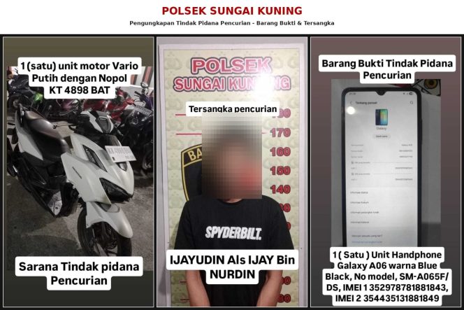 
 Unit Opsnal Polsek Sungai Kunjang bersama Tim URC Reskrim Polresta Samarinda mengungkap dugaan pencurian ponsel di Jalan KH Hasyim Ashari, Loa Buah. Polisi mengamankan Jainuddin alias Ijay, yang diduga terlibat dalam pencurian terhadap Fatmawati pada Jumat (14/8/2026).