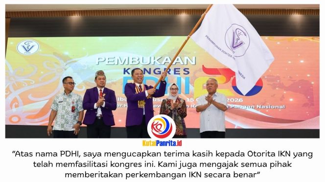 
 Kepala Otorita IKN, Basuki Hadimuljono, membuka Kongres XX Perhimpunan Dokter Hewan Indonesia (PDHI) di Kantor Bersama 3, KIPP Nusantara, Kamis (15/10/2026). Foto: Humas Otorita IKN.